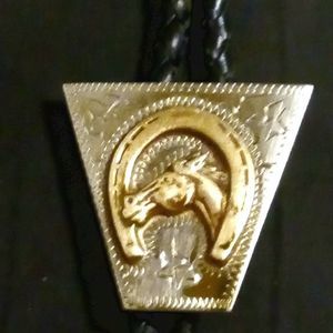 Vintage Signed RicardoWestern,Horse & Horseshoe, silver/bronze,Bolo Tie